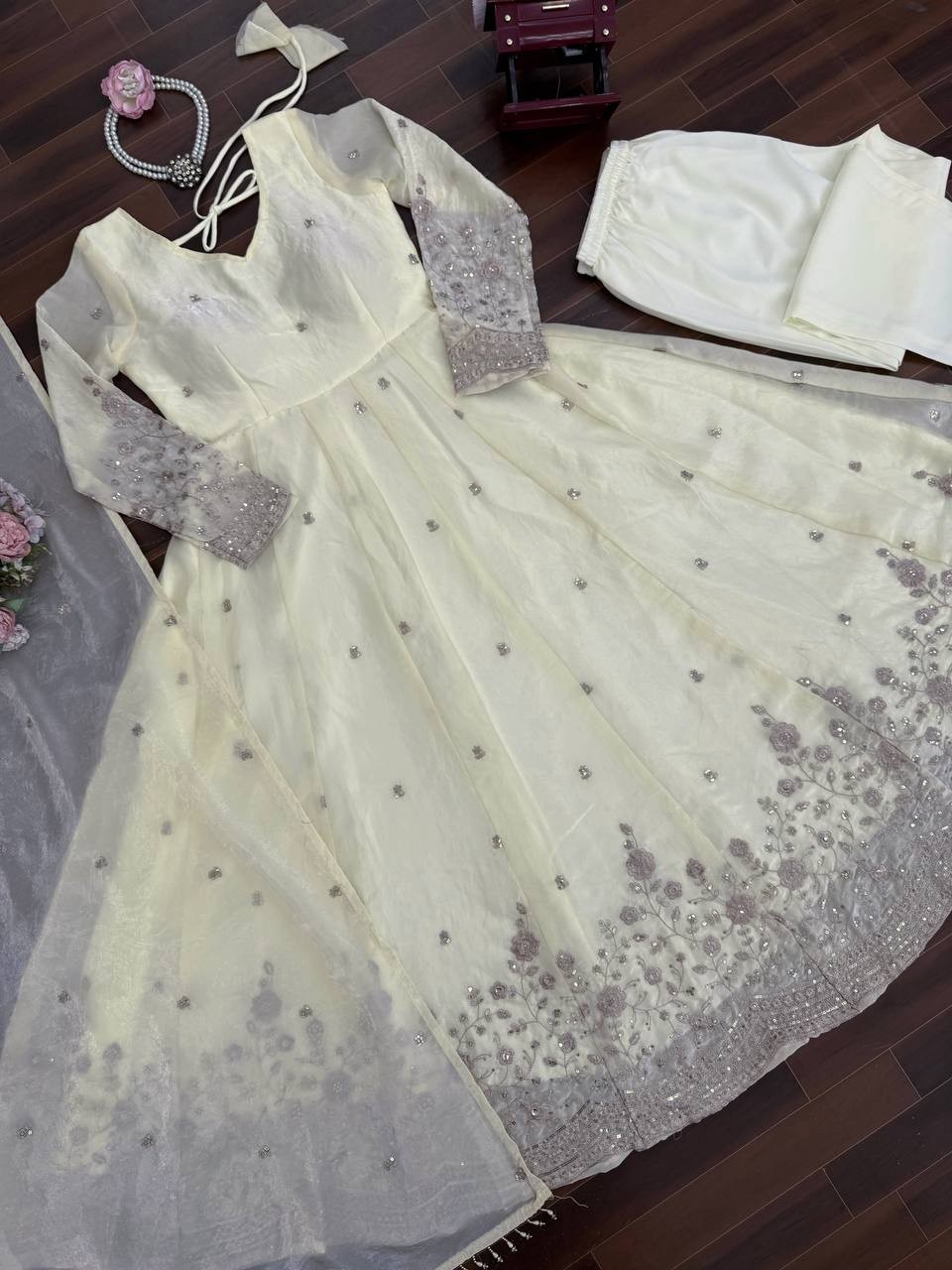 New Launching Silk Off White Gown Bottom With Dupatta For Functional Wear