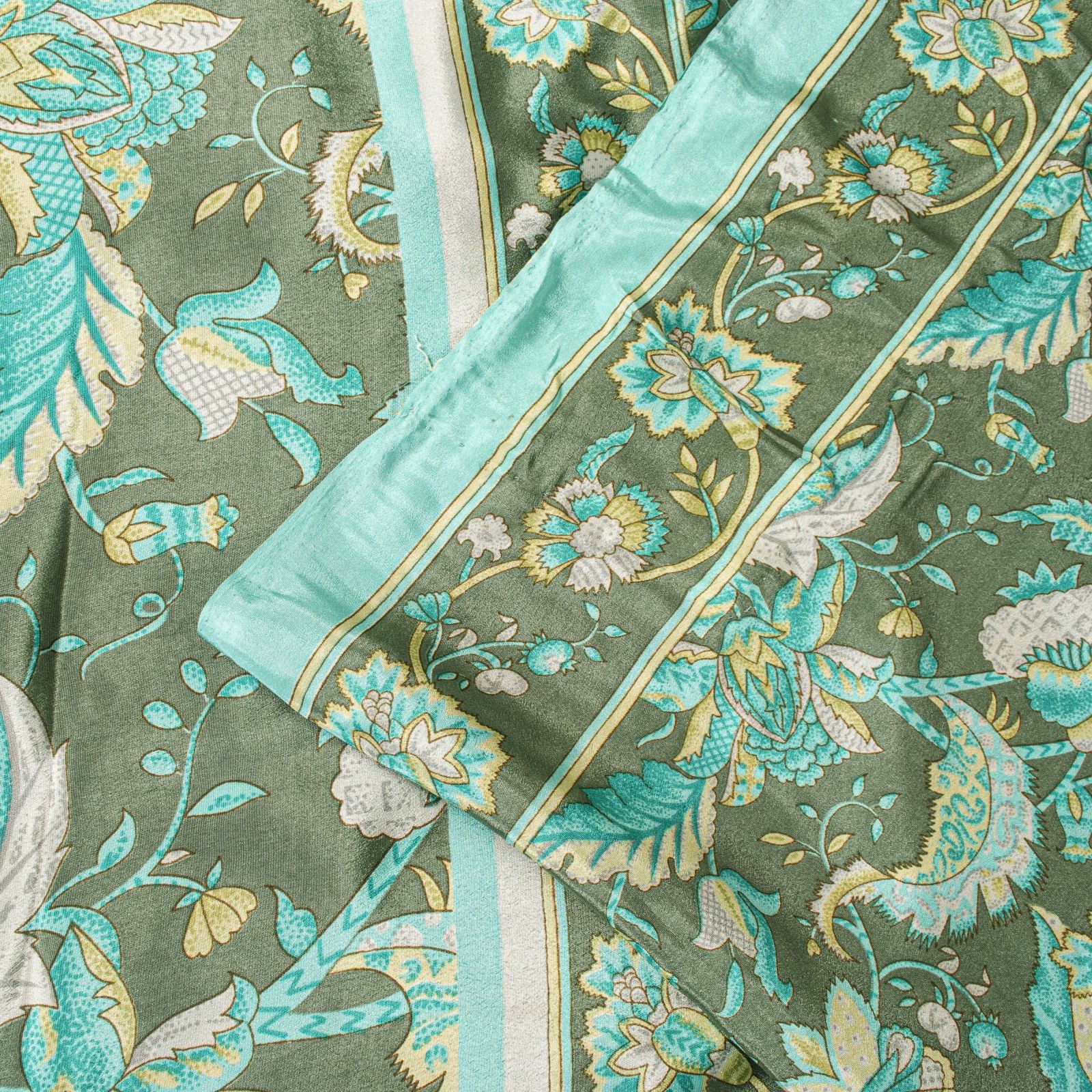 Sanskriti Vintage Green Moss Crepe Saree Kalamkari Floral Print Fabric 5.5Ydsari
