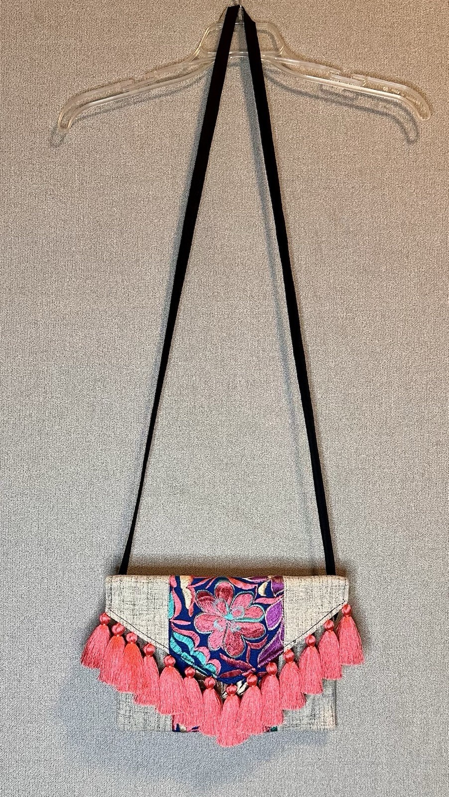 Handmade Mexican Floral Colorful Embroidered Pom Pom Clutch Purse Crossbody Bag