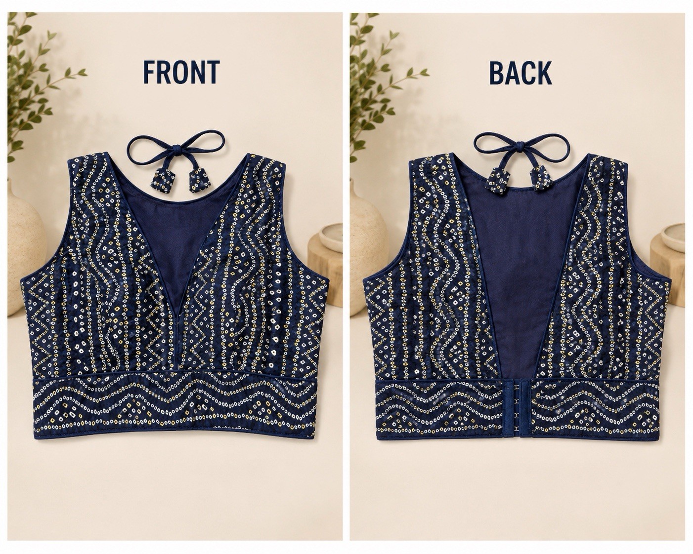 Handmade Women Blue Bandhani Print Sleeveless Tie-Back Choli Blouse One Size.