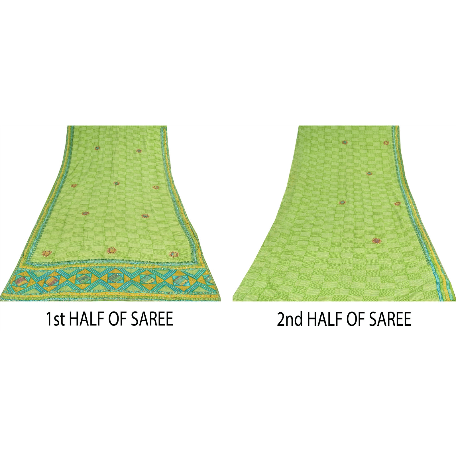 Sanskriti Vintage Saree Green Pure Crepe Hand Embroidered-Gota Patti Print Sari