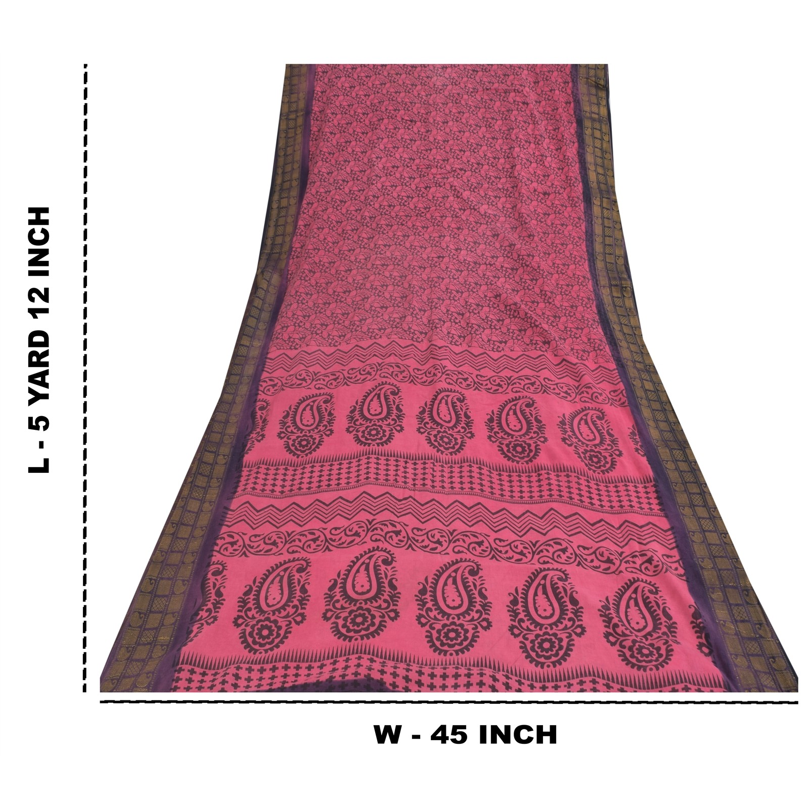 Sanskriti Vintage Sarees Pink & Black Block Print Zari Pure Cotton Sari Fabric