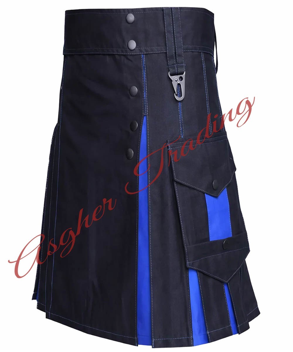 Handmade Black & Blue kilt Cotton Hybrid Utility kilt, Custom Size Kilts For Men