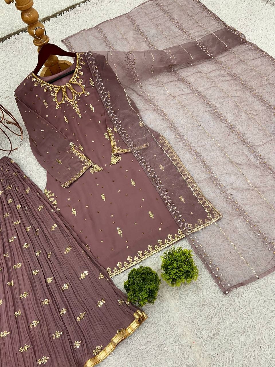 New Stylish Designer Faux Georgette Kurta Palazzo With Dupatta For Party Wear
