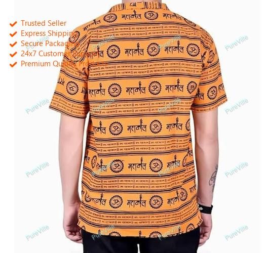 Indian Cotton Chinese Collar OM MahaKaal Desiner Half Sleeve Orange Mens Kurta