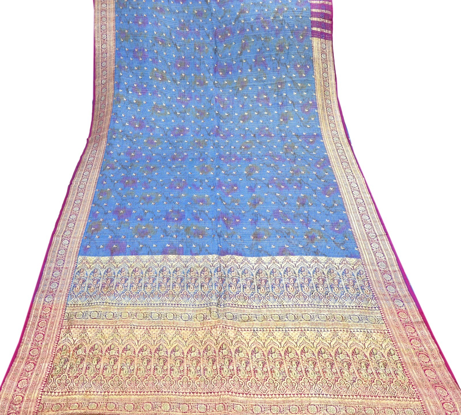 Indian Vintage Blue Heavy Sari Pure Satin Silk Woven Banarasi Tanchoi Saree 5yd