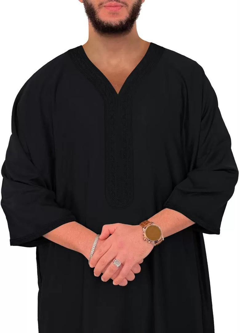 NEW Men’s Moroccan Style 3/4 Sleeve Djellaba Thobe Black Jubbah | S-XXL