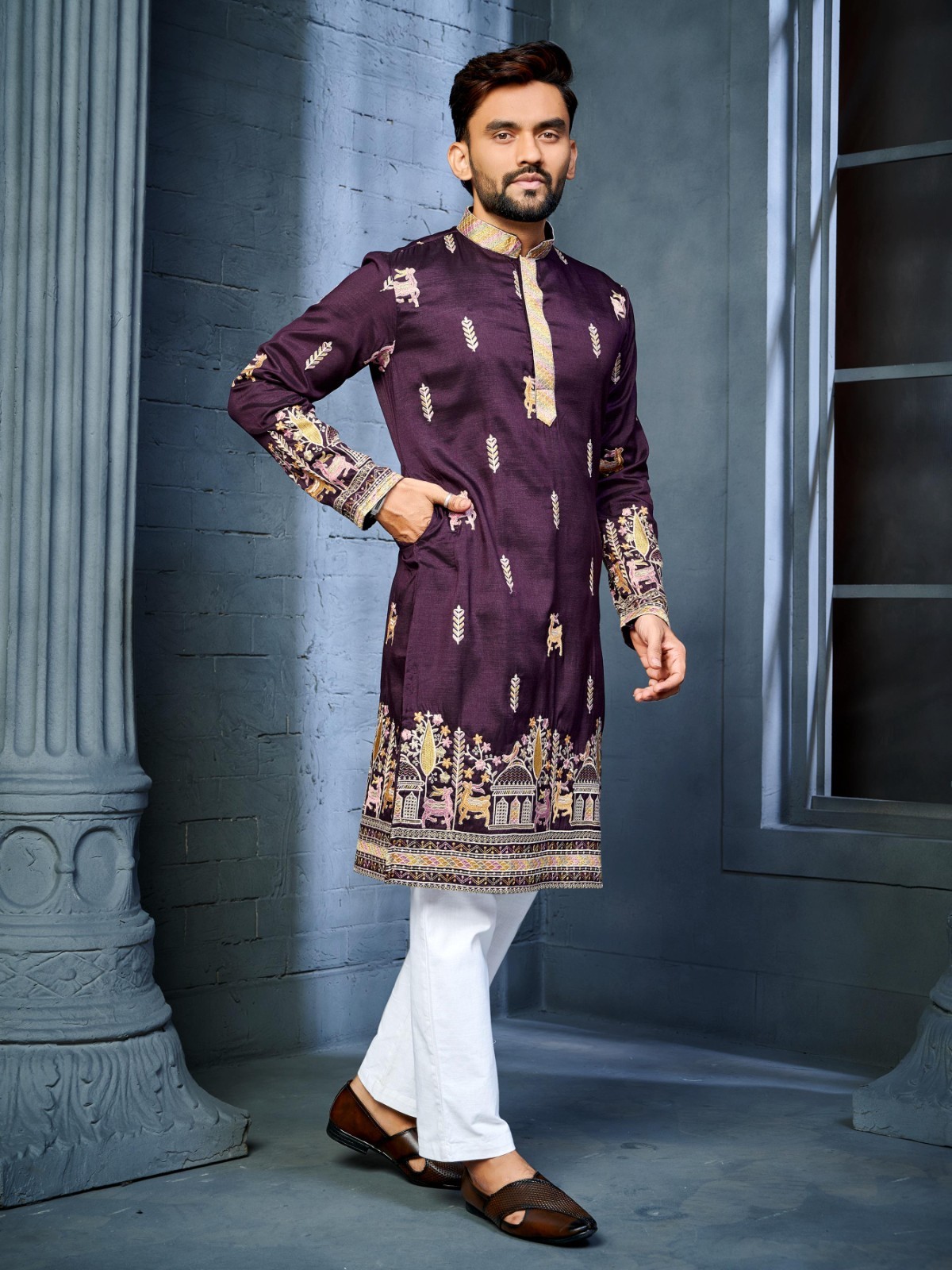 Men’s Wine Embroidered Kurta Designer Indian Wedding Party Wear Ethnic Outfit