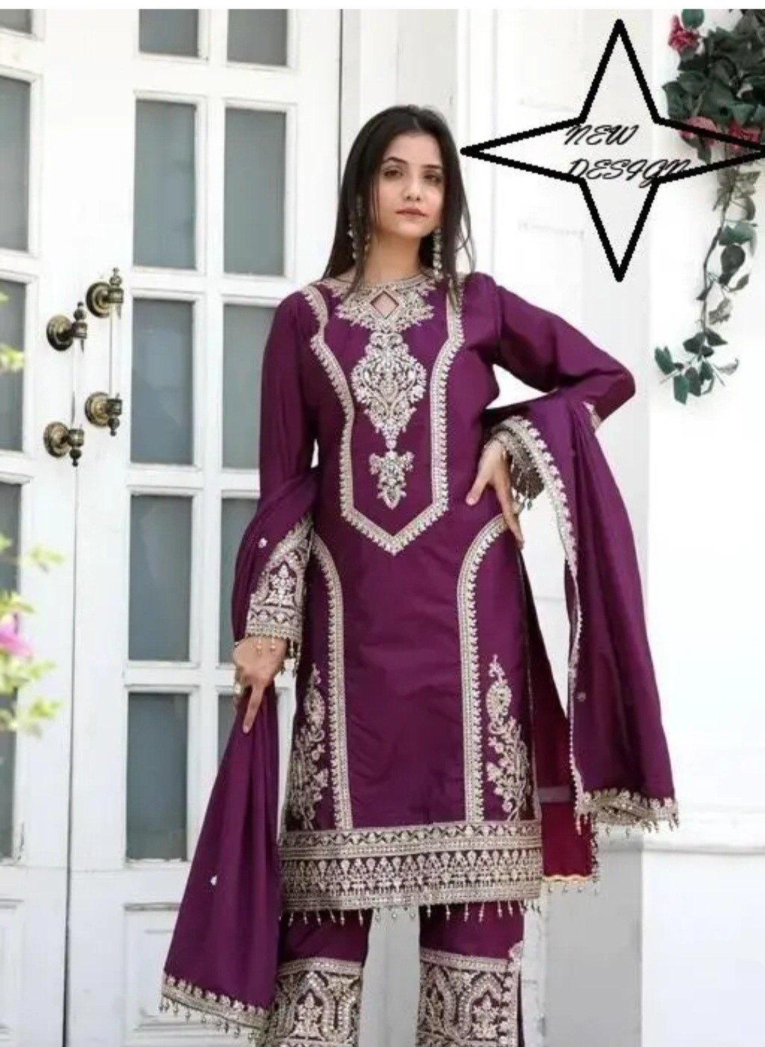 Women Heavy Embroidered Chinon Slik Kurti With Pant Designer Dupatta. Size Xs To