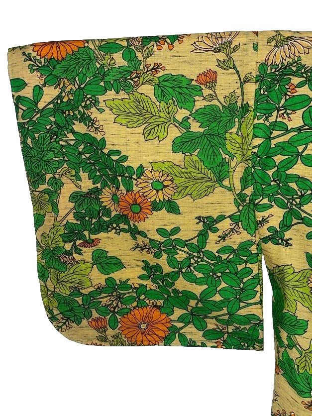 Vintage Kimono Tsumugi Pure Silk Chrysanthemum Yellow Green Japanese Traditional