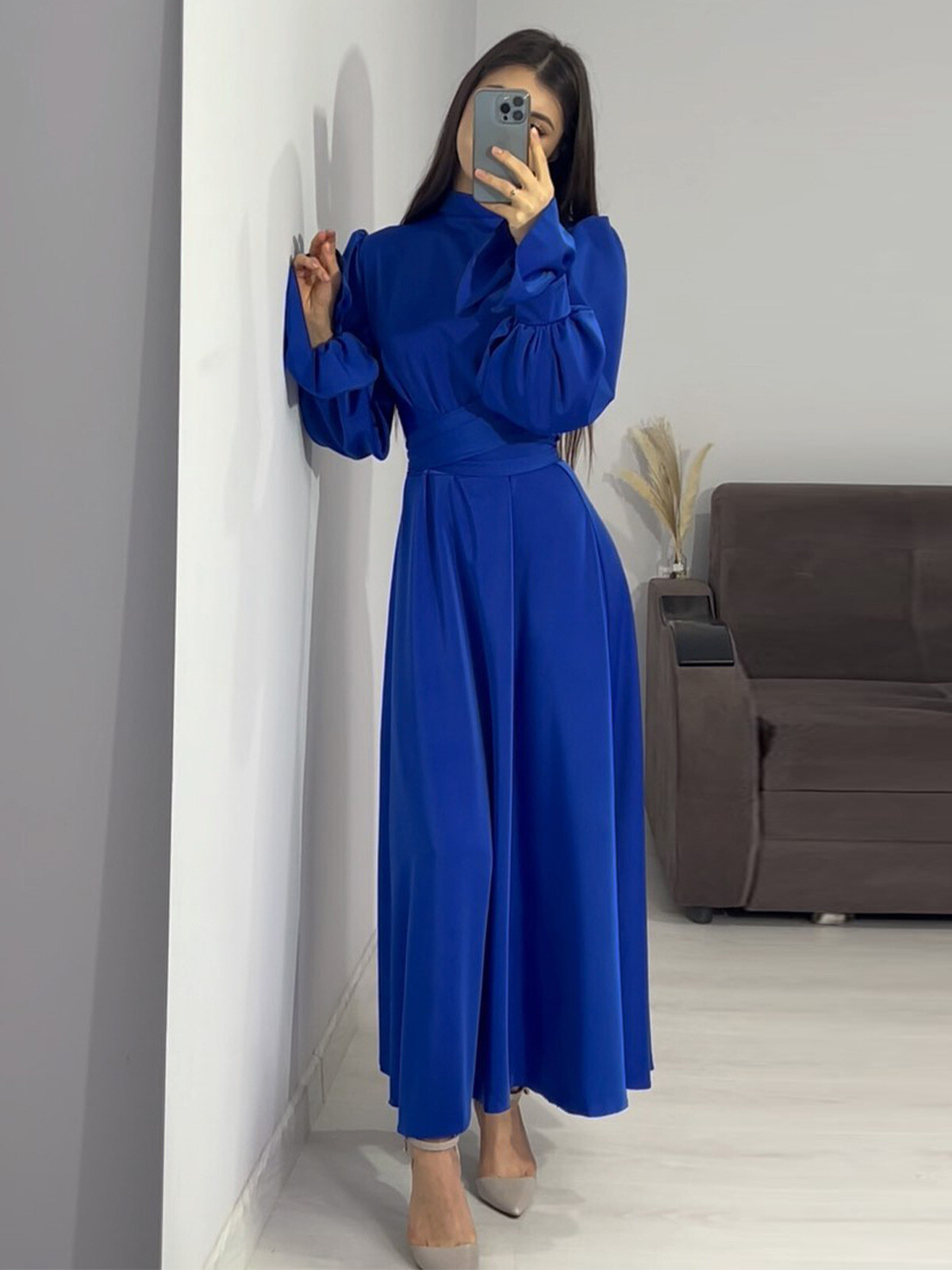 Women Long Dress Lantern Sleeves High Neck Party Plain Color Gown Lace Up Dress