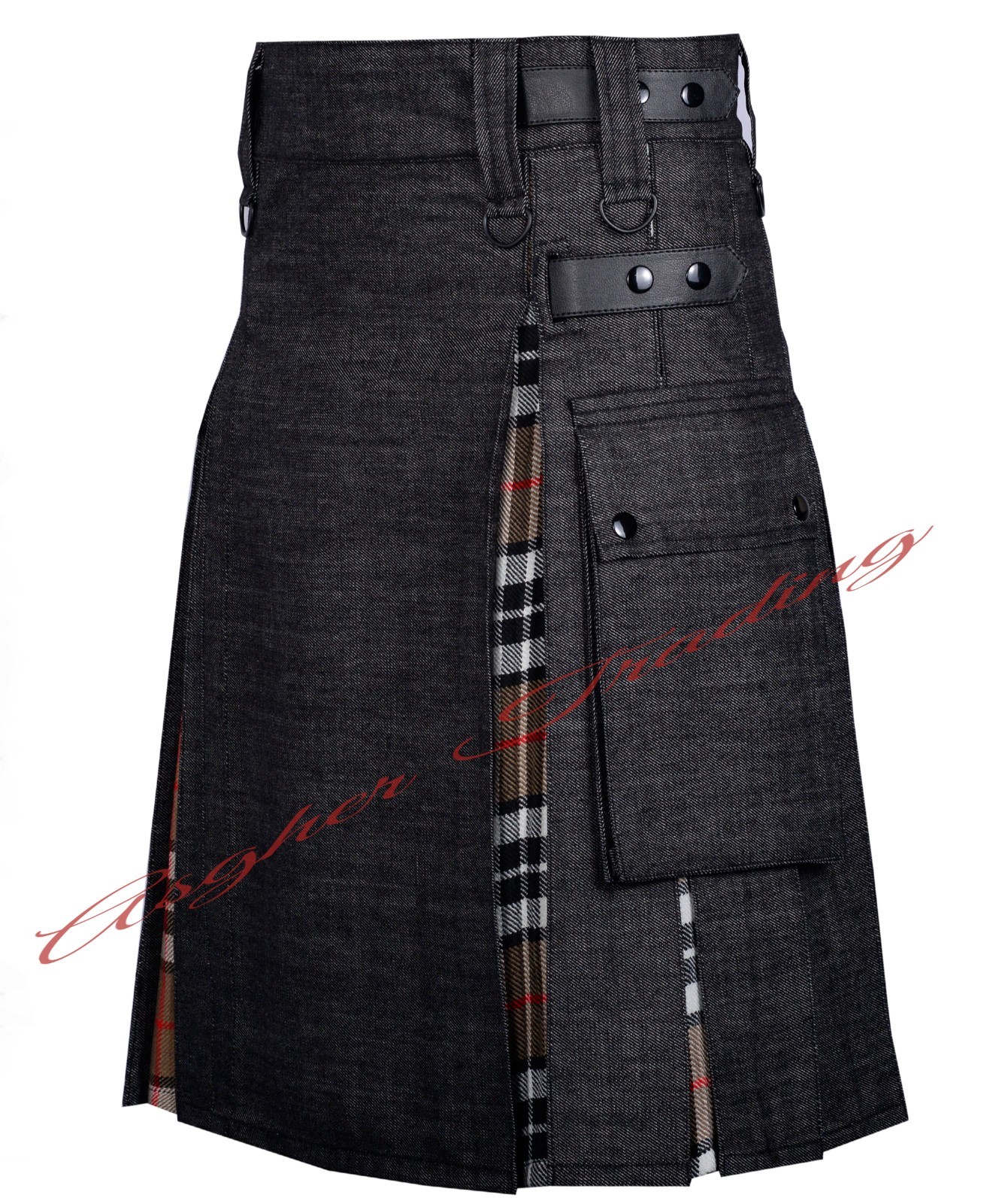 Handmade Scottish Black Denim & Thomson Camel Tartan Hybrid Utility Kilt For Men