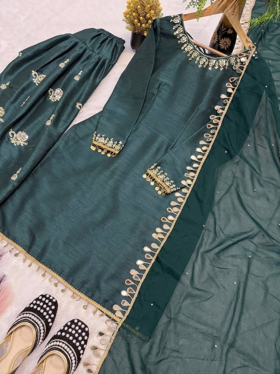 New Presenting Slab Silk Green Salwar Kameez With Dupatta For Indian Party