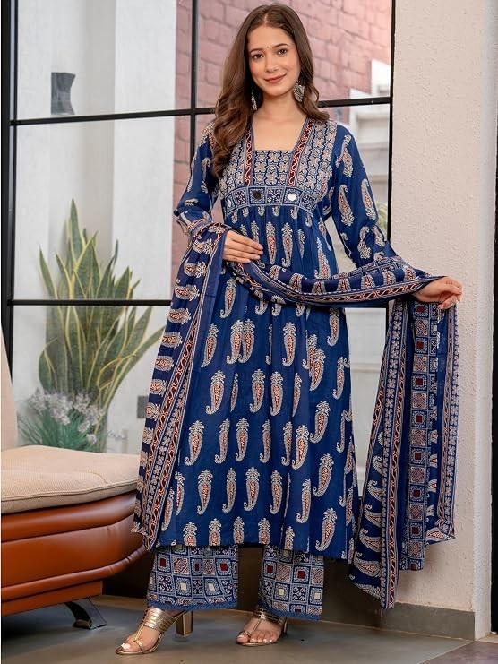 Woman’s Pure Cotton A-Line Kurta Sets with Palazzos & Dupatta|Kurti Set for Woma
