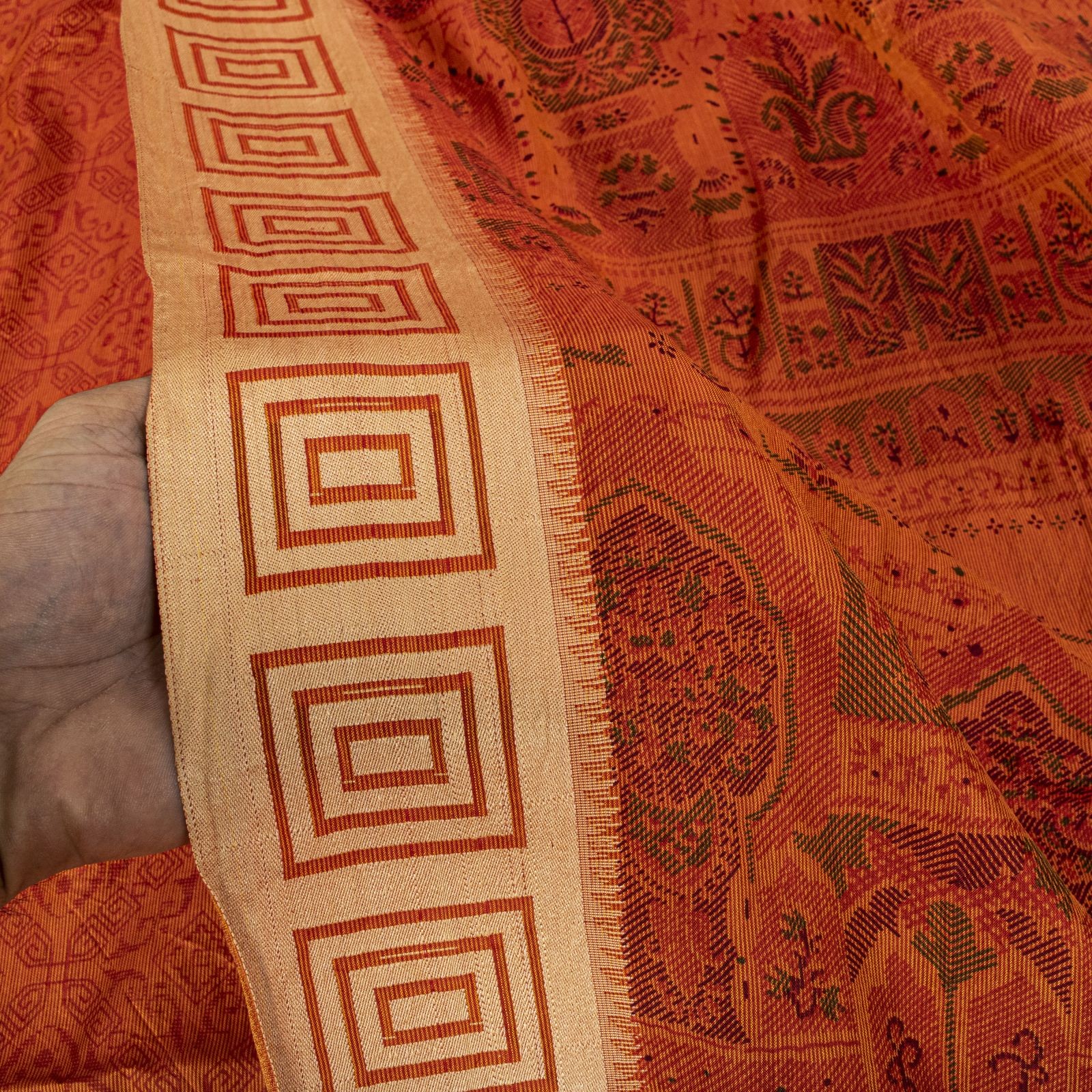 Sanskriti Vintage Orange Pure Silk Saree Geometric Print 6Yard Sari Fabric Craft