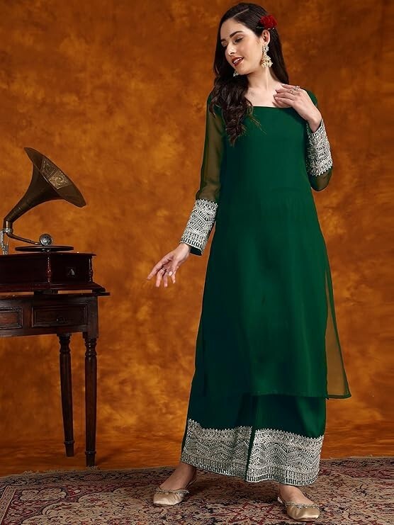 Women Indian Black Georgette Kurta Top With Trousers , Kurti, Pants & Dupatta