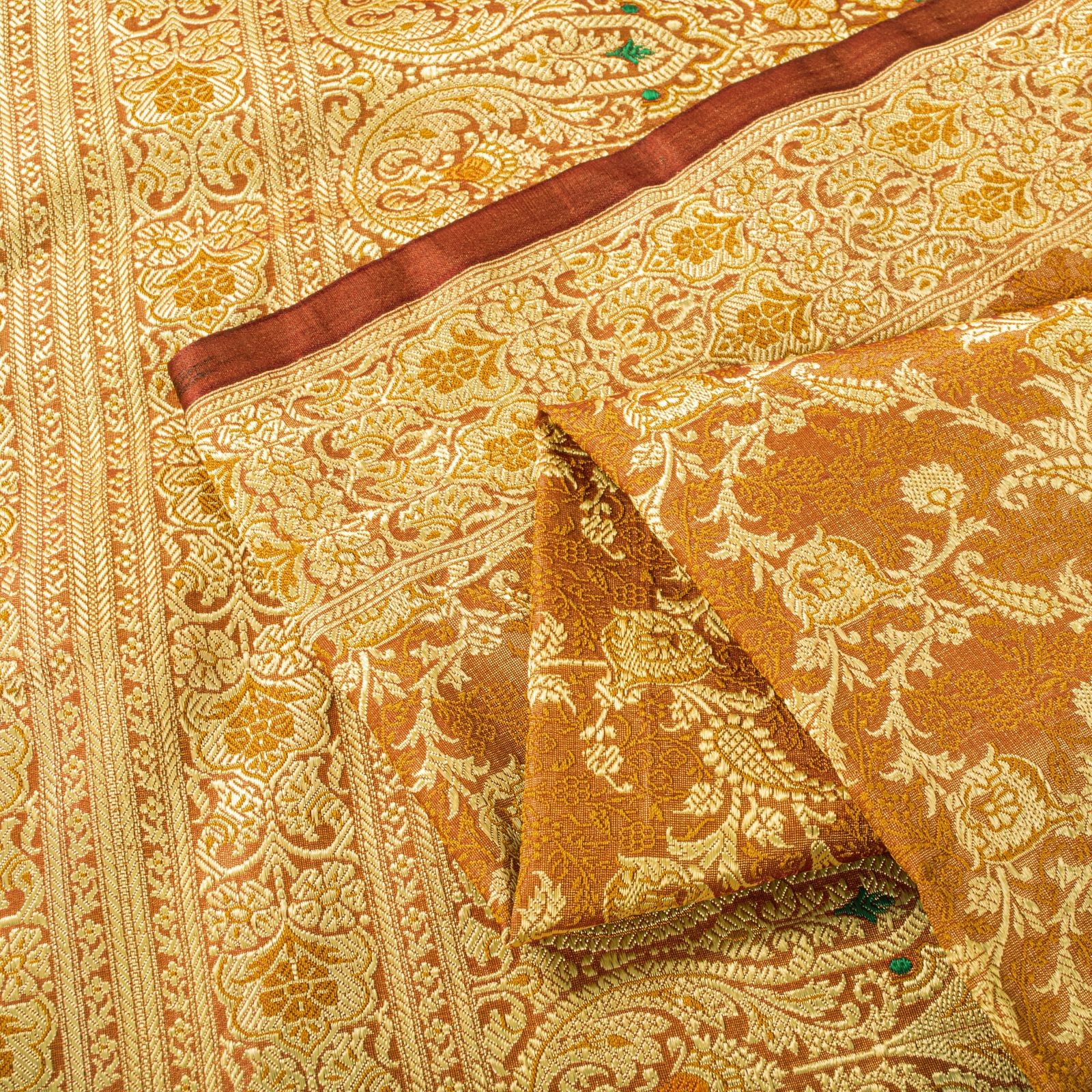 Sanskriti Vintage Orange Blend Silk Saree Banarasi Brocade Handwoven Sari Fabric