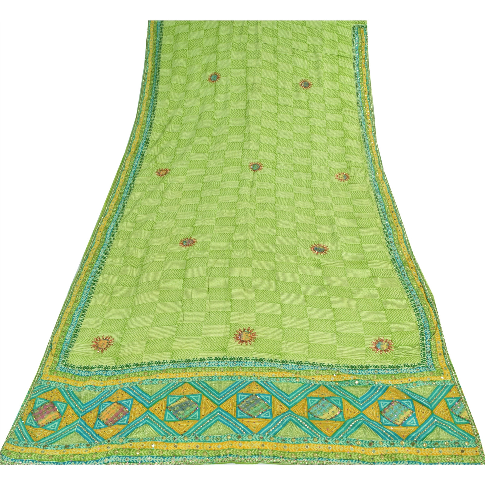 Sanskriti Vintage Saree Green Pure Crepe Hand Embroidered-Gota Patti Print Sari