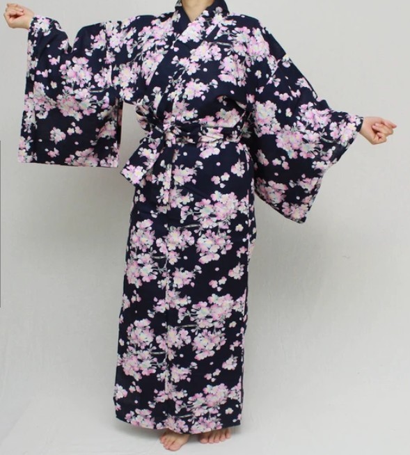 Japanese Yukata Cotton 100% Traditional Summer Kimono Robe – Sakura Branch Navy