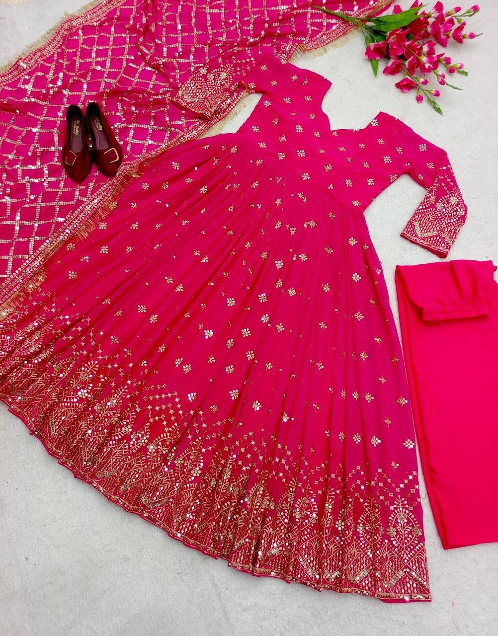 Presenting Heavy Faux Georgette Pink Gown Bottom With Dupatta For Party Wear