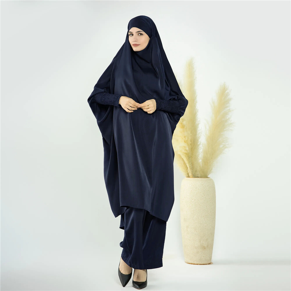 2pcs Set Abaya Women Muslim Prayer Tops Wide Leg Pant Prayer Khimar Islamic Arab