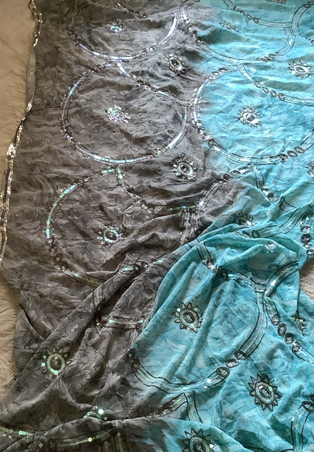 Indian Women Aqua Blue & Gray-Green Sequins Saree/Sari Wrap Dress
