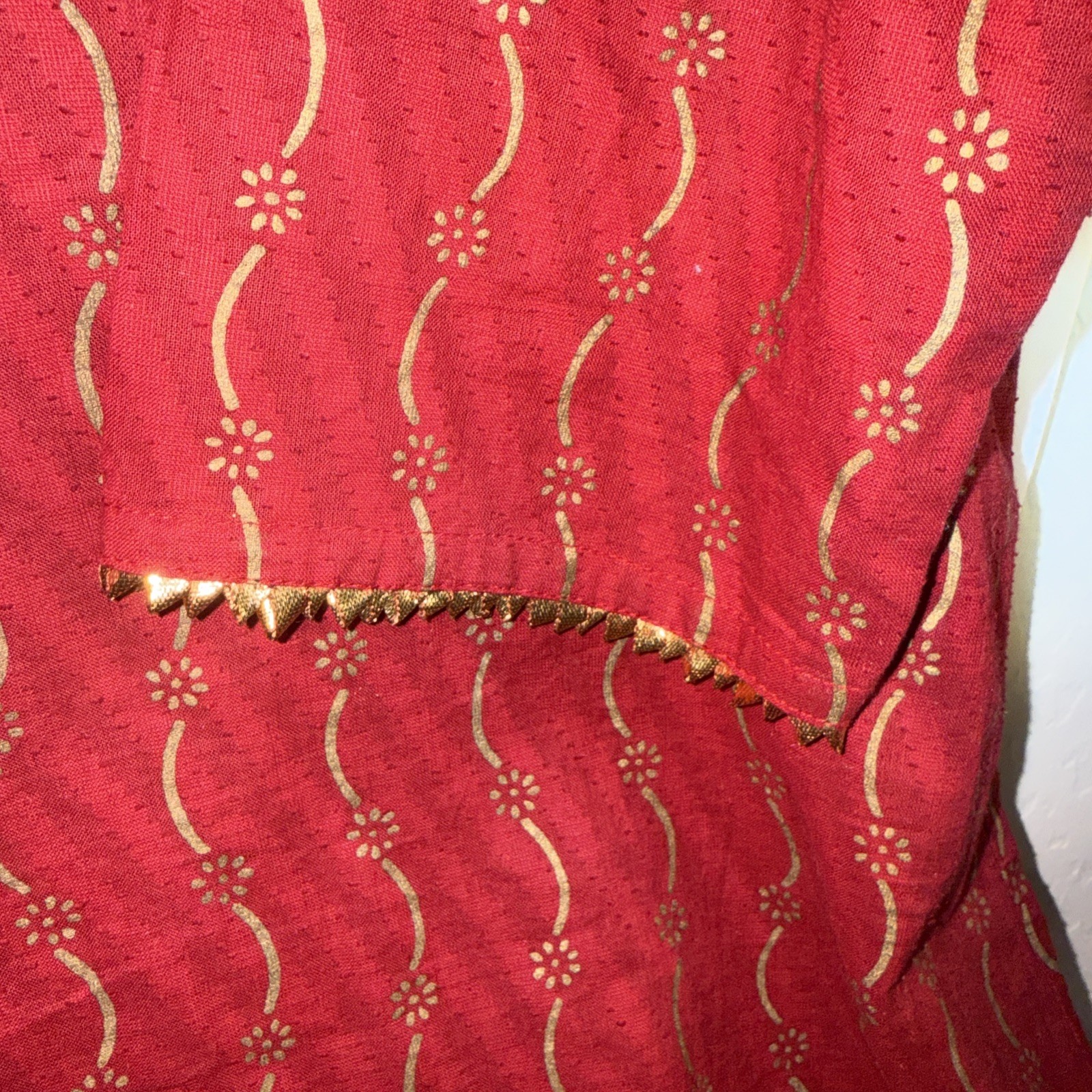 Dark Red Velvet 3/4 Sleeve Tunic Gold Metallic Thread Embroidery Boho Top Size 2