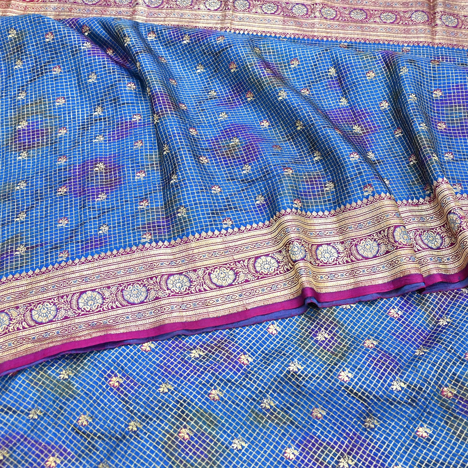 Indian Vintage Blue Heavy Sari Pure Satin Silk Woven Banarasi Tanchoi Saree 5yd