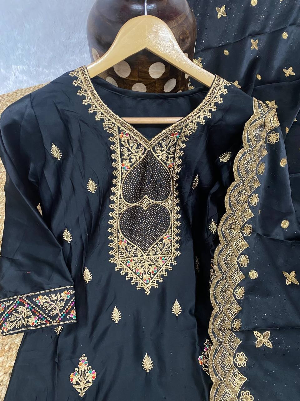 Presenting New Malay Satin Silk Black Salwar Kameez With Dupatta For Wedding