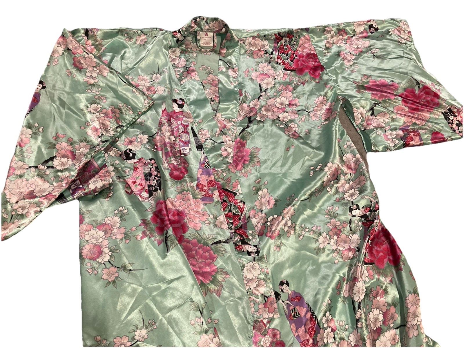 Auth Sakurai Shoji Satin Polyester Belted Kimono Women’s Robe With Geisha Design