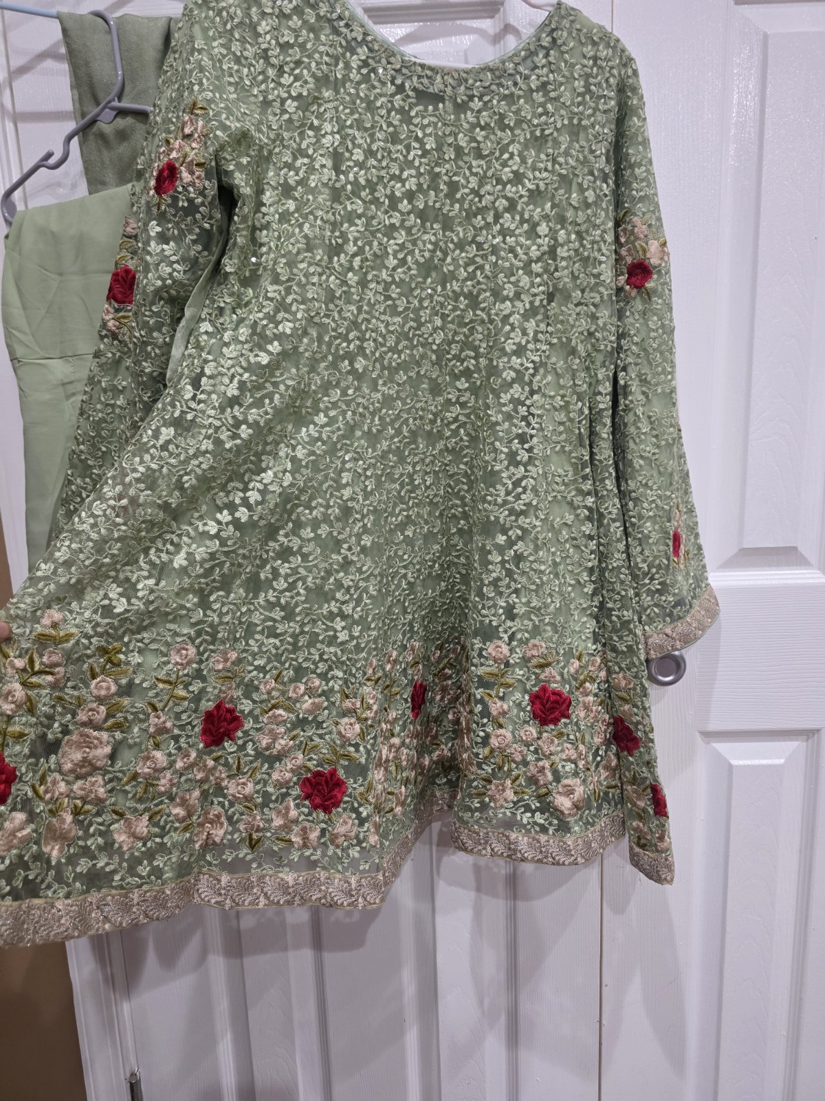 Pakistani 3Pc Embroidered Net Suit Green Gharara Kameez Wedding Party Size M