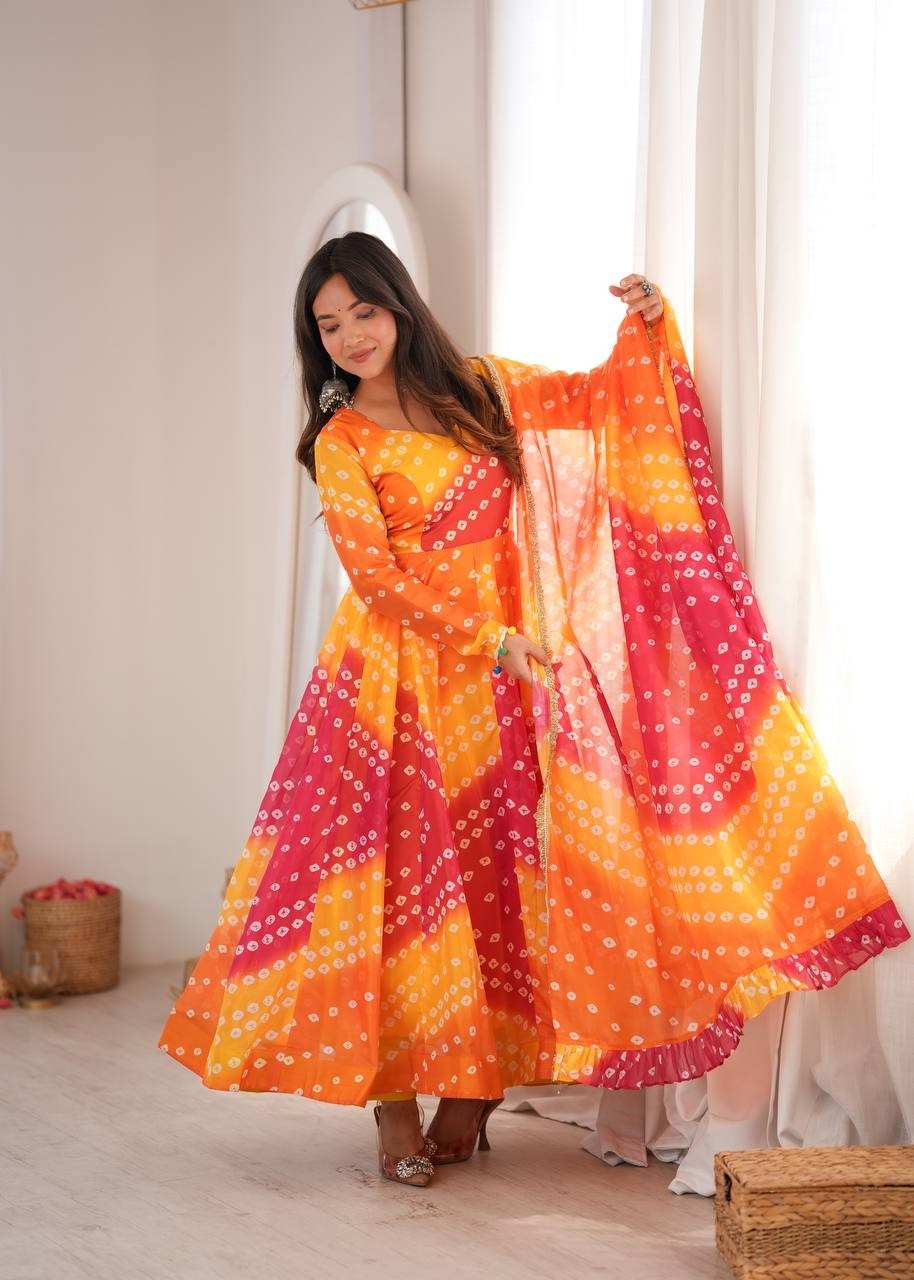 Printed Tabby Organza Gown Pant Dupatta Set Bandhani Flared Anarkali Suit Pack