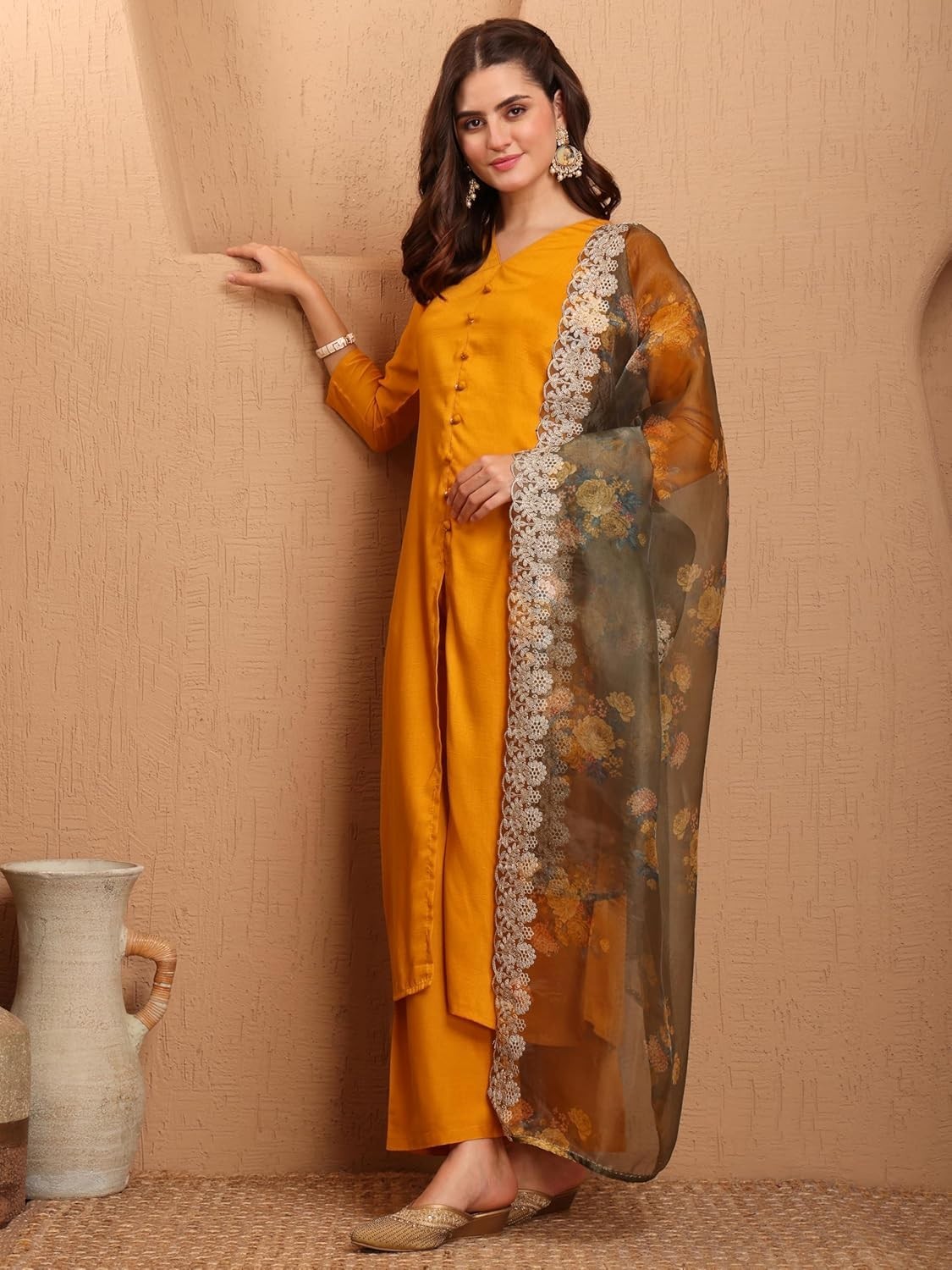 Women’s Cotton Silk Solid Hight Front Slit A-Line Kurta Palazzo &Organza Dupatta