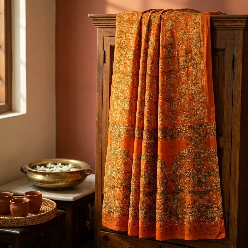 Sanskriti Vintage Saree Orange Pure Cotton Batik Print Craft Fabric 5.5+Yardsari