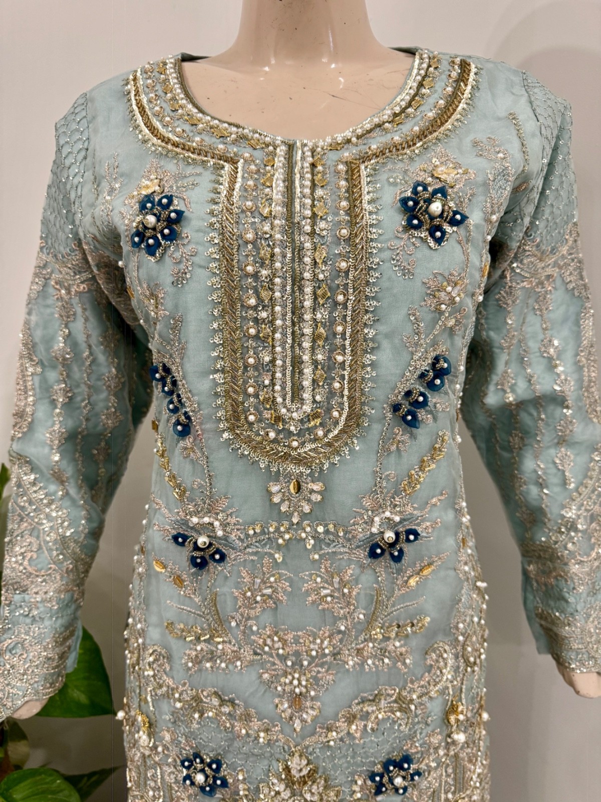 Pakistani Light Blue Straight Style Embroidered Sequins Organza Gharara Dress ,L
