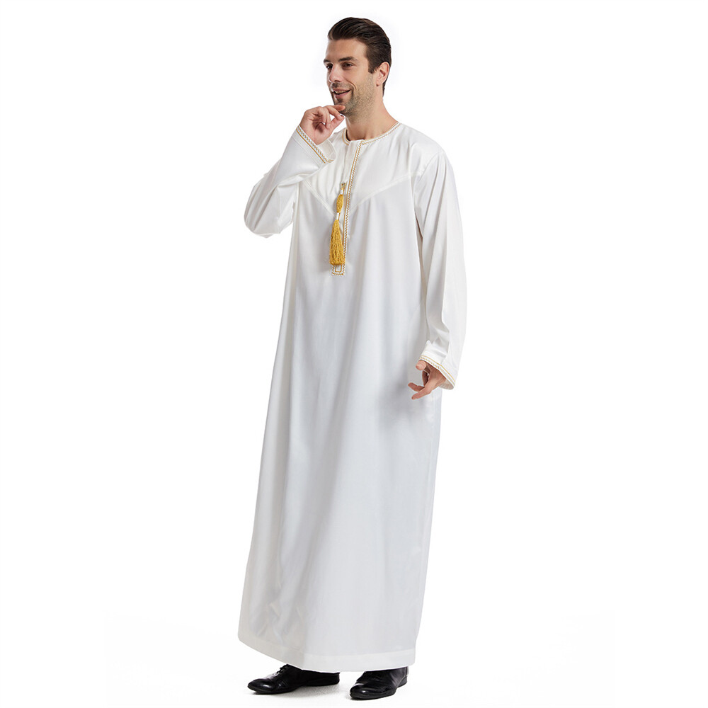 Men’s Middle Eastern Clothes Long Sleeve Muslim Islamic Round Neck Kaftan