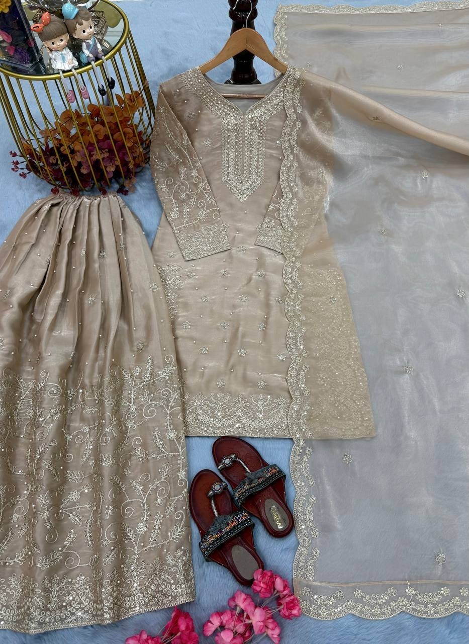 Latest Natural Crap Silk Chiku Salwar Kameez With Dupatta For Traditional Wear