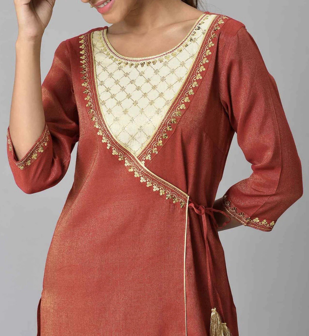 Red zari Embroidered kurta and straight palazzo front and side Slit With Tessels