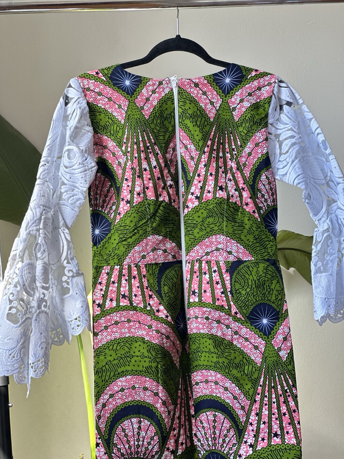 Handmade African Kaftan Dress with White Lace Sleeves Multi-Color for Women M