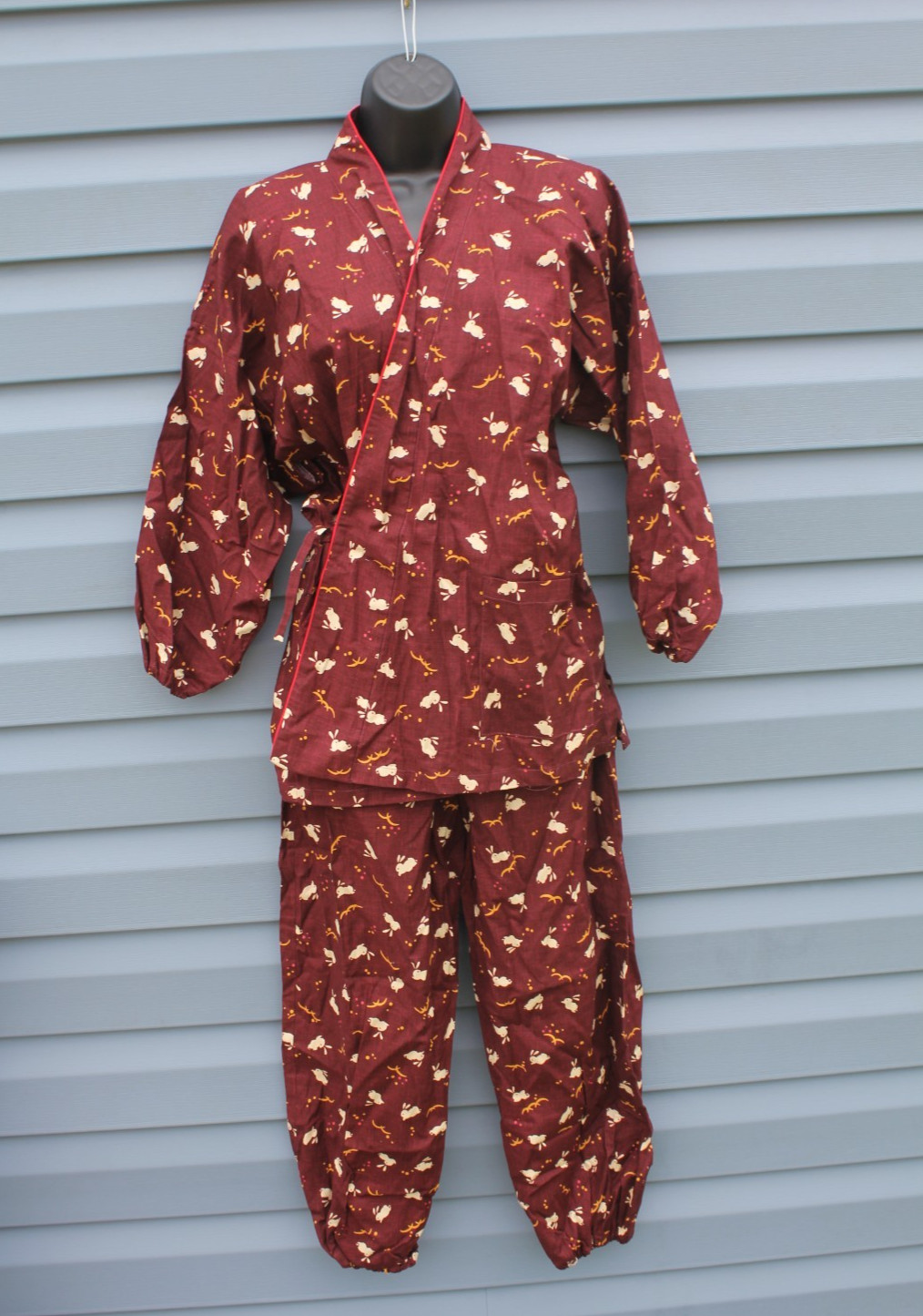 Japanese Kimono Samue Women Bunny Rabbits Pattern Komon OSFM NEW Brown Working