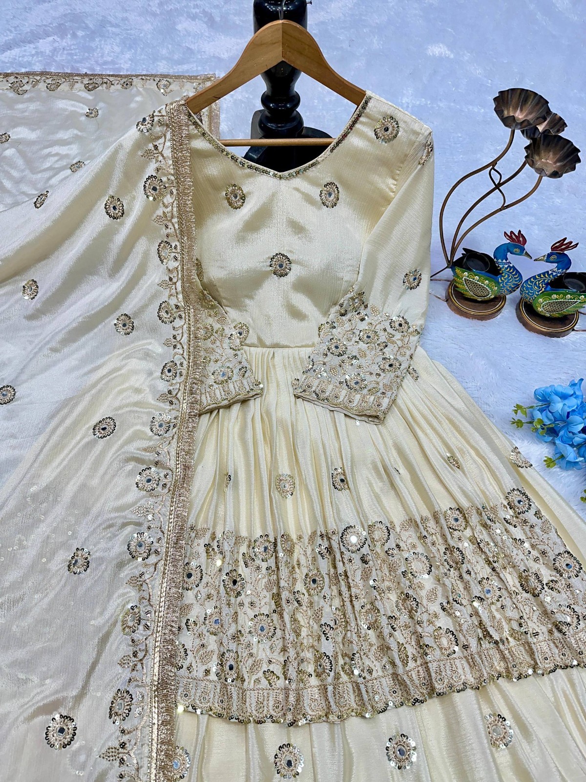 Beautiful Heavy Chinon Silk Cream Top Lehenga With Dupatta For Wedding Wear
