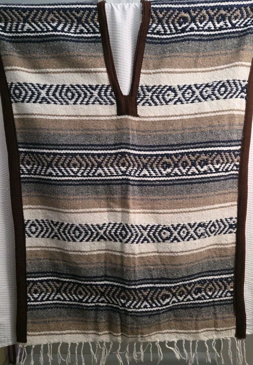Vintage JFR Mexican Poncho Blanket Brown Beige Navy Unisex Adult One Size