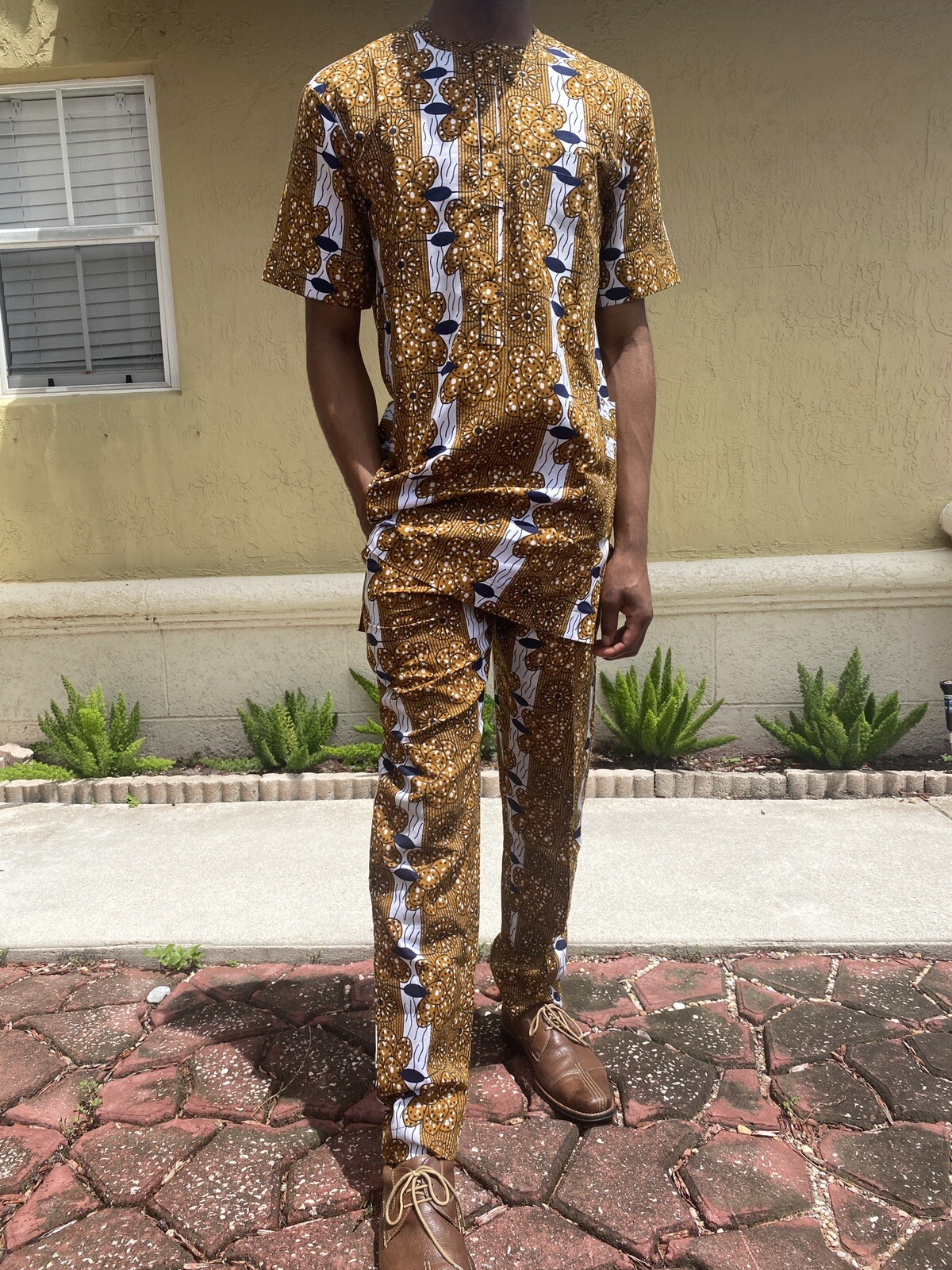 AFRICAN/NIGERIAN MEN’S ANKARA COTTON PRINT SENATOR STYLE TOP & PANT~SKINNY LARGE