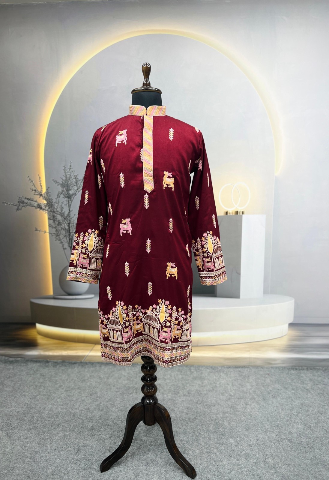 Men’s Maroon Embroidered Kurta Indian Wedding Party Wear Designer Ethnic Outfit