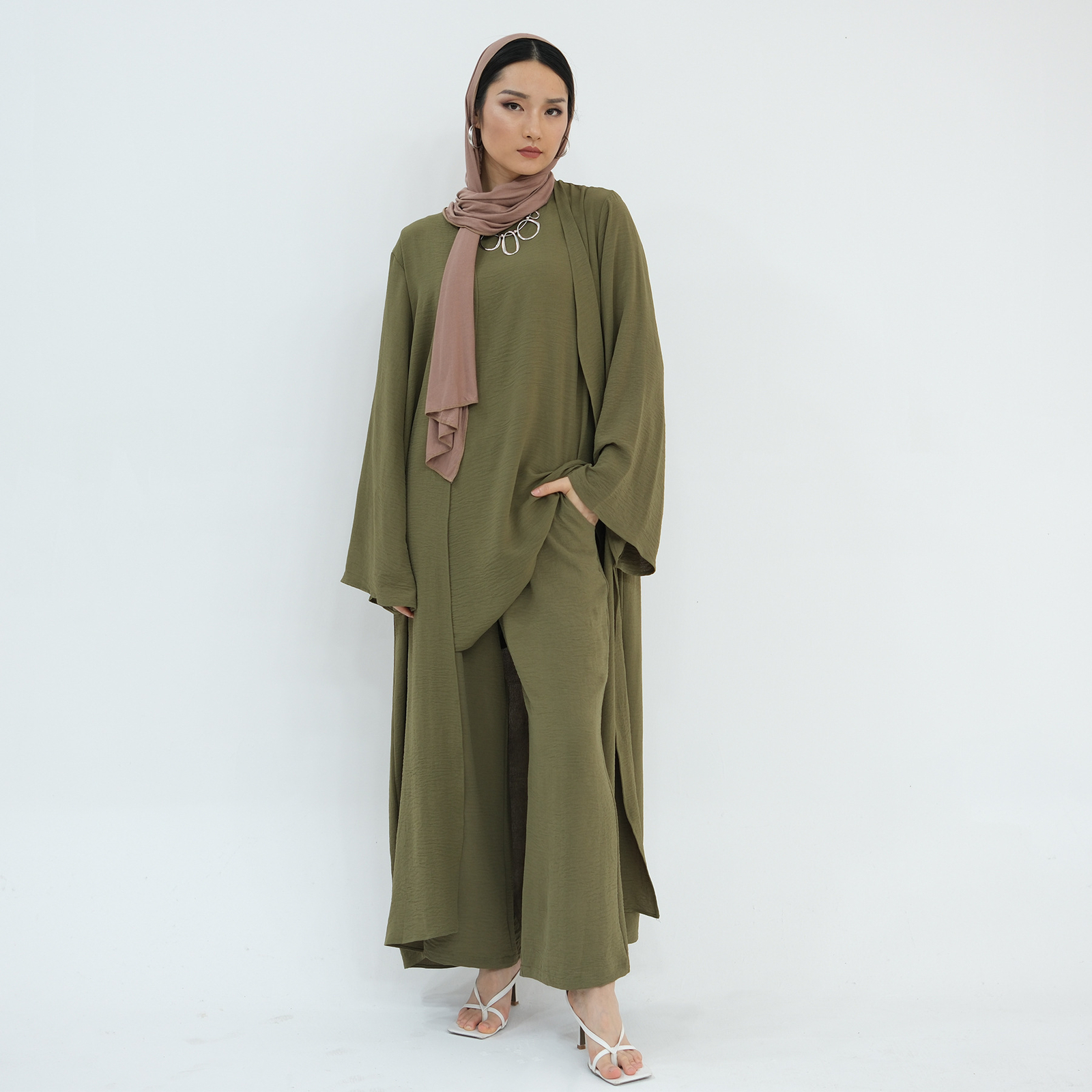 Muslim Women 3pcs Set Open Kimono Vest Pants Kaftan Dress Dubai Abaya Outfits