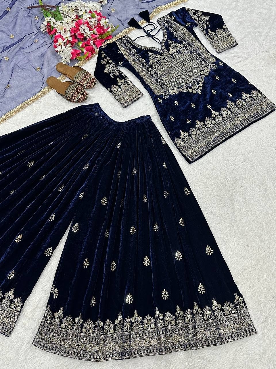 Attractive Designer Viscose Velvet Kurta Palazzo With Net Dupatta For Women