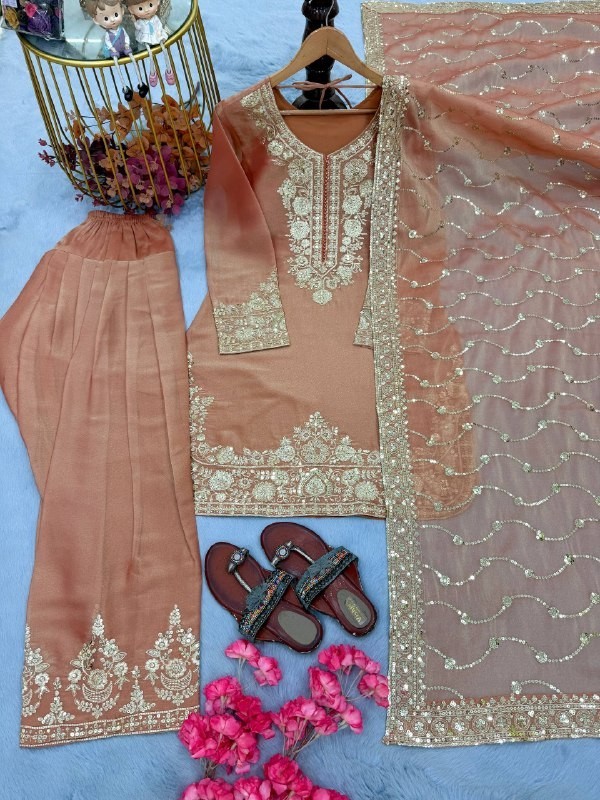 Latest Pure Nc Moss Silk Peach Top Palazzo With Dupatta For Indian Party Wear
