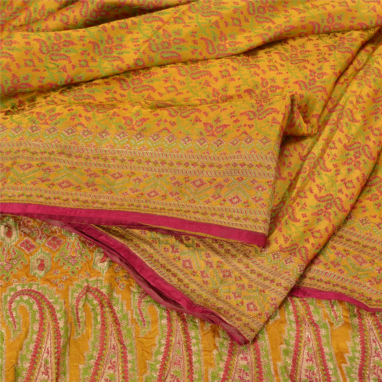 Sanskriti Vintage Saffron Sarees Pure Satin Woven Brocade/Banarasi Sari Fabric