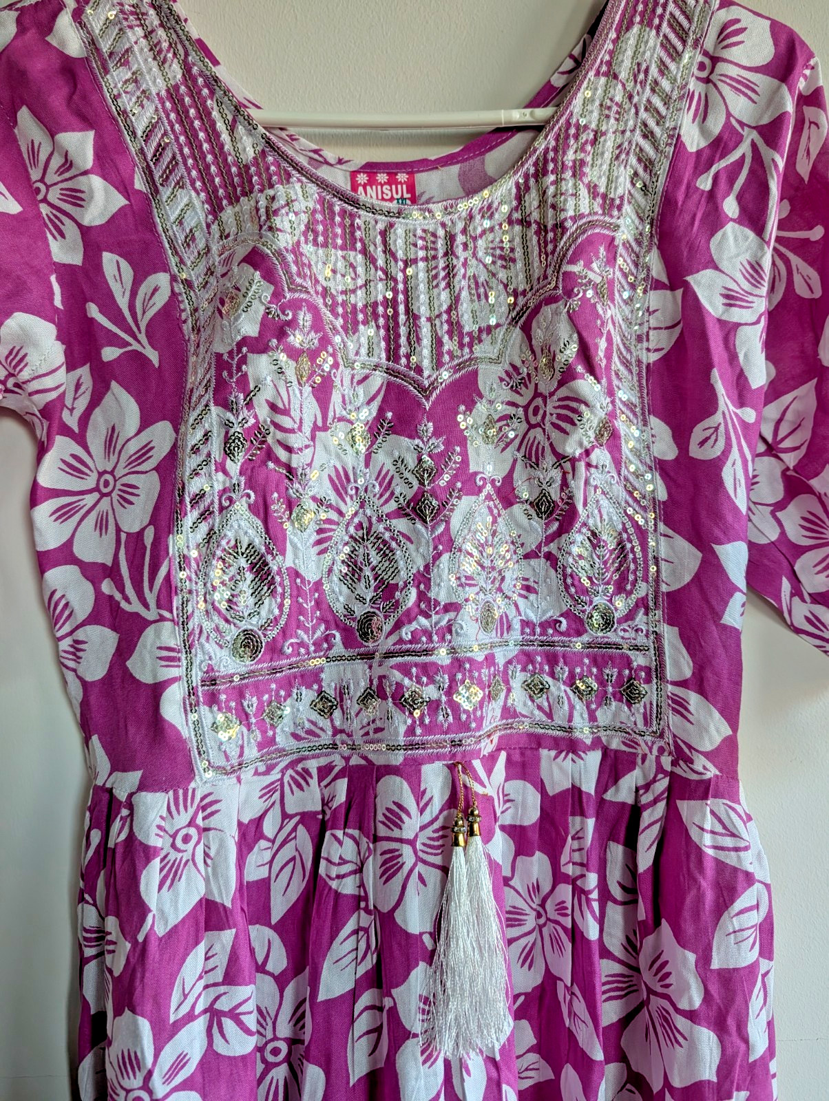 Short Kurta Kurti Top Cotton Printed Sequin Embroidery Purple Crew Neck XXL