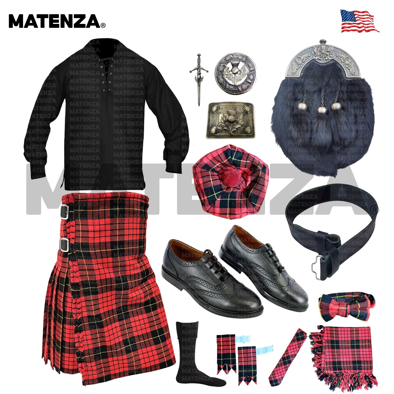 MacQueen Modern Tartan 14pc Scottish Kilt Outfit Set Black Fur Sporran